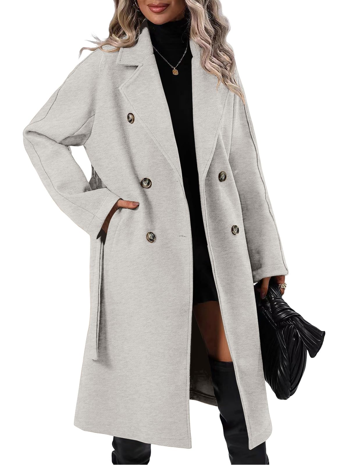 Danedvi Women Elegant Wool Pea Coat Lapel Collar Double Breasted Mid-Long Winter Overcoats with Belted Pockets